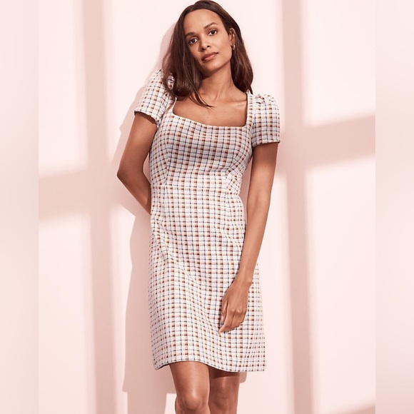 ANN TAYLOR Madras Plaid Puff Sleeve Flare Dress Orange Pink SZ 4 Work Party Mini - Picture 11 of 11